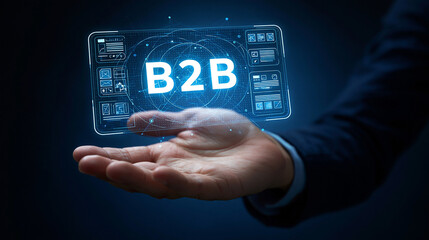 Fototapeta premium B2B Connection: A professional hand holds a futuristic interface displaying the B2B acronym, symbolizing the interconnectedness of business-to-business relationships and digital commerce.