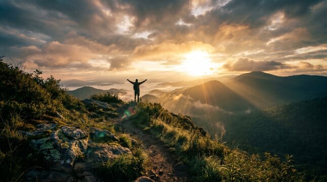 A hiker stands triumphantly with open arms atop a mountain ridge, celebrating a breathtaking sunrise piercing through dramatic clouds and illuminating a misty valley.