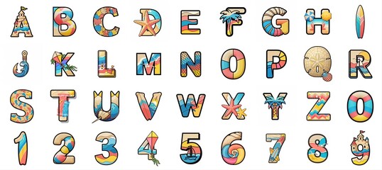 Obraz premium Colorful Beach and Summer Alphabet Letters and Numbers Collection