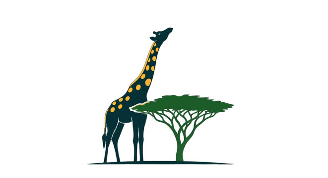 Illustrated giraffe standing beside green acacia tree.