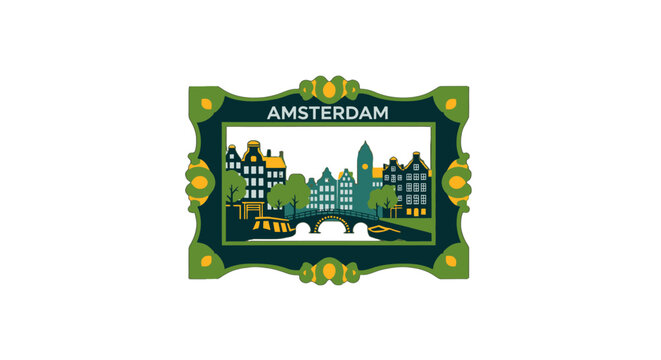Colorful vintage illustration of Amsterdam cityscape frame.