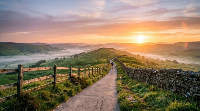 A lone hiker and their dog walk along a scenic ridge path framed by wooden fences and stone walls, overlooking misty rolling green hills during a vibrant, golden sunrise.