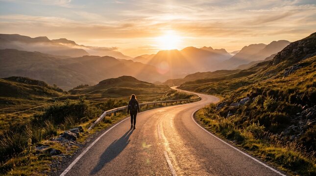 A lone traveler walks along a winding mountain road toward a breathtaking golden sunrise, capturing a sense of adventure, freedom, and peaceful self-discovery.