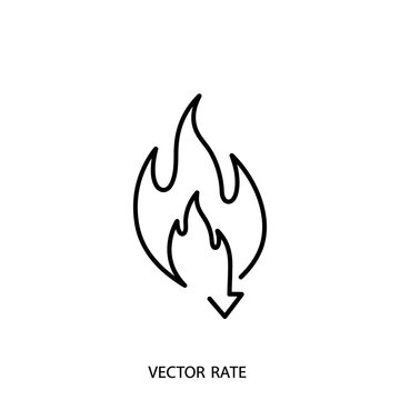 Fire icon with down arrow, vector rate symbol, hot trend, price drop