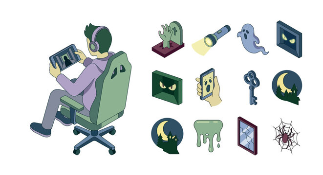 Isometric vector illustration of a person in a gaming chair playing a horror game on a tablet, featuring spooky icons like a ghost, zombie hand, flashlight, and haunted mansion elements.