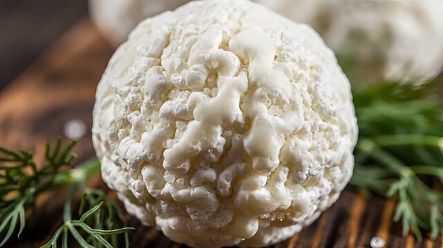 Closeup of Fresh Goat Cheese Ball with Dill on Wooden Board.