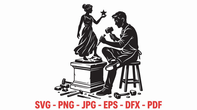 Black and white vector illustration, sculptor working on statue, artist creating art, graphic design elements