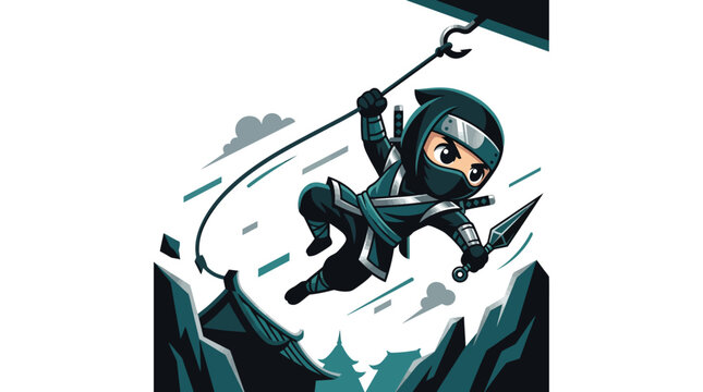 Flat vector illustration of a chibi ninja character wearing teal and black armor swinging through the air using a grappling hook and rope while holding a kunai over stylized rooftops.