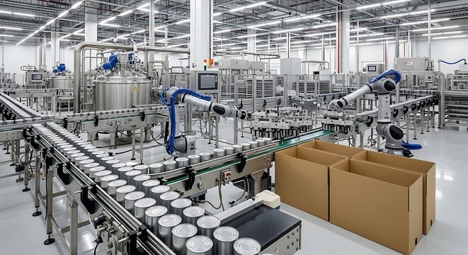 Advanced automated manufacturing plant utilizing robotic technology and conveyor systems for efficient industrial production and processing, demonstrating modern factory operations