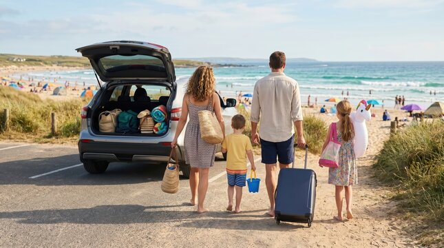 Family of parents and children walking toward crowded sandy beach carrying bags and luggage from parked car at seaside parking area