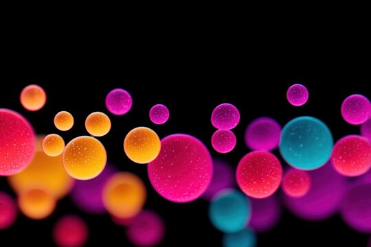 Vibrant abstract bubbles in shades of pink, purple, and blue against a dark background.