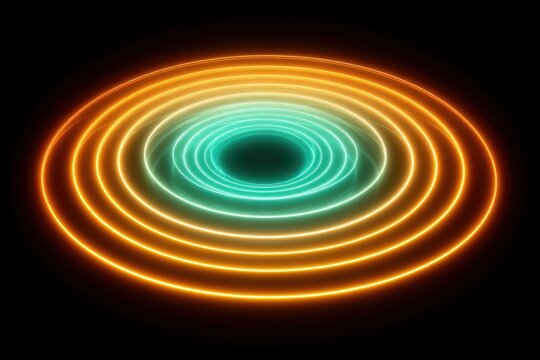 Abstract glowing concentric circles in turquoise and orange against a black background.