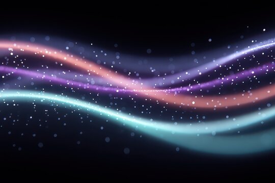 Abstract waves of light with soft colors and shimmering particles against a dark background.