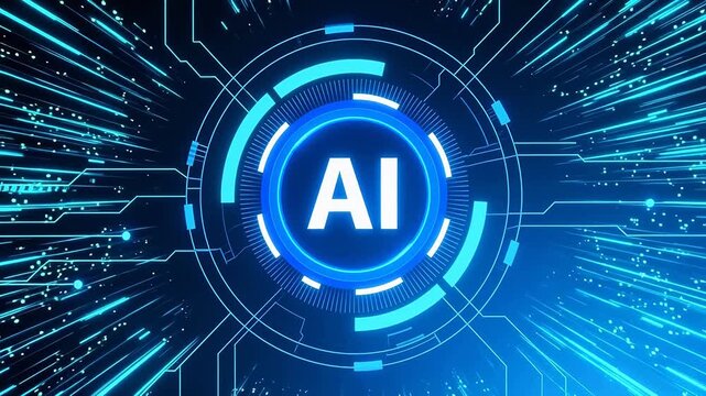 Glowing blue ai logo with tech circuits