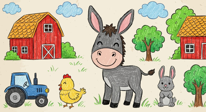 A colorful illustration of a farm scene with a donkey, chicken and other animals