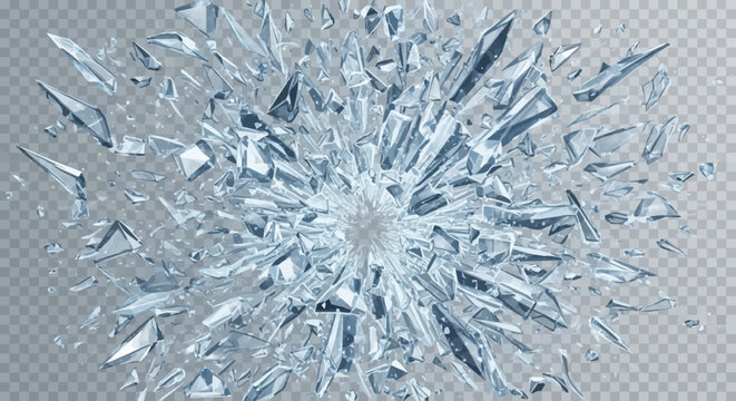 A shattered glass effect with many sharp fragments on a transparent background
