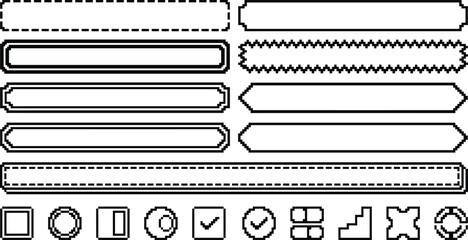 Fototapeta premium Retro Pixel Art Video Game UI Button and Header Banner Banner Element Set with Checkbox Selection and Health Bar Graphic Layouts