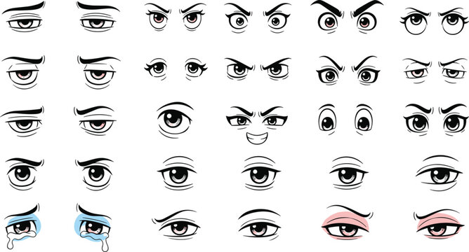 Expressive cartoon anime eyes vector collection featuring emotional facial expressions and detailed comic illustration elements set
