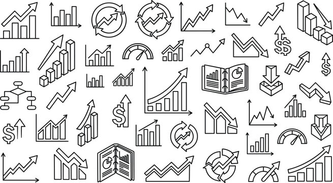 Financial Growth and Business Analytics Minimalist Line Icon Set with Bar Charts Analytics Reports Data Diagrams and Arrow Graphs