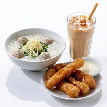 thai breakfast set with jok rice porridge and pa thong ko fried dough sticks