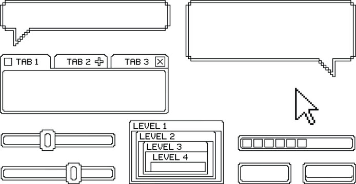 Retro 8 Bit Pixel Art Video Game UI Element Set with Dialogue Speech Bubbles Windows Sliders Loading Bars and Mouse Cursor Arrow