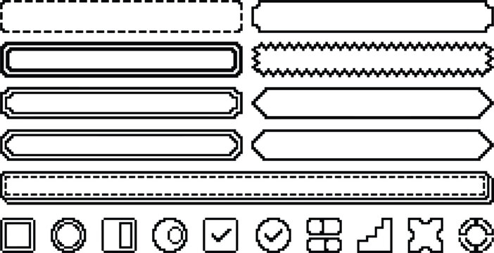 Retro Pixel Art Video Game UI Button and Header Banner Banner Element Set with Checkbox Selection and Health Bar Graphic Layouts