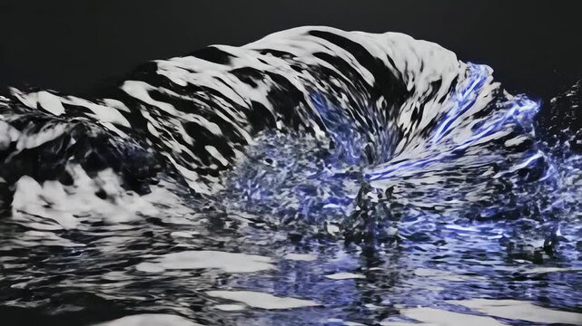 Blue wave crashing on dark background.