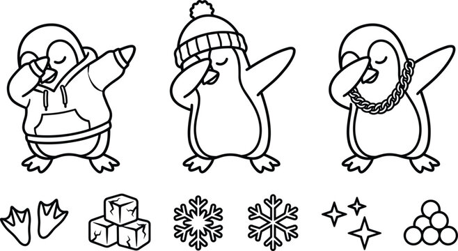 Winter Dabbing Penguin Character Set with Hoodie Beanie Chain Ice Cubes Snowflakes and Snowballs for Christmas Seasonal Vector Line Art Designs