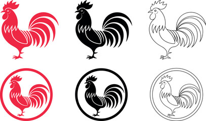 Art & Rooster and Rooster Logo Icon Vector Set with Red, Black, and Outline Stylized Cock Illustrations for Farm, Culinary, and Branding DesignsIllustration © Lutfar