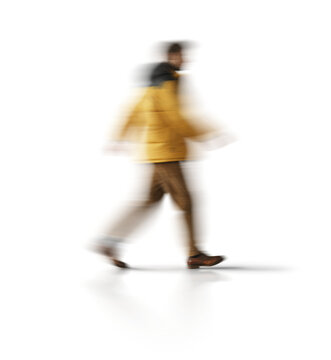 Motion blur walking man silhouette to the right isolated on transparent background for mockup scene
