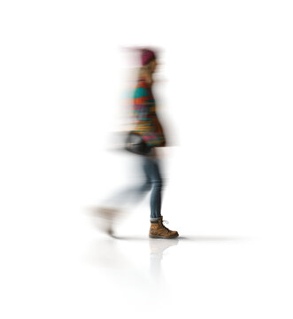 Motion blur walking woman silhouette with a bag isolated on transparent background for mockup scene