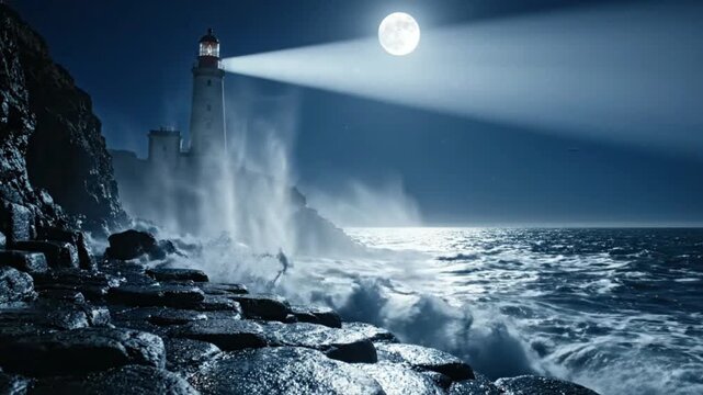 Lighthouse beam at night over stormy sea, moonlit rocky coast, dramatic ocean waves