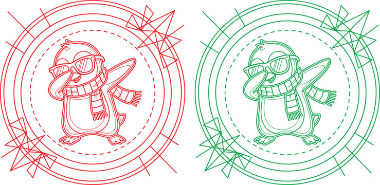 Christmas Dabbing Penguin Round Badge Icon Set with Winter Scarf and Sunglasses in Red and Green Line Art Styles for Festive Vector Designs