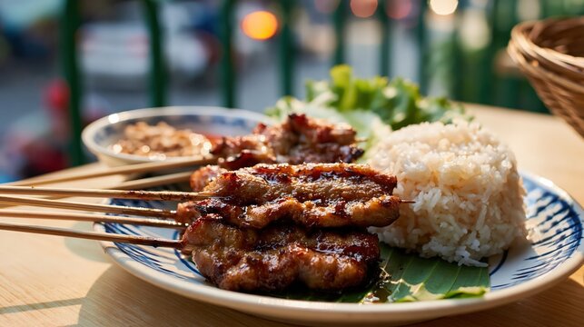 moo ping, thai grilled pork skewers with sticky rice