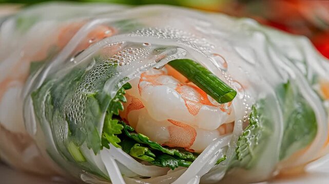 Fresh Vietnamese Spring Roll with Shrimp and Vegetables Closeup.