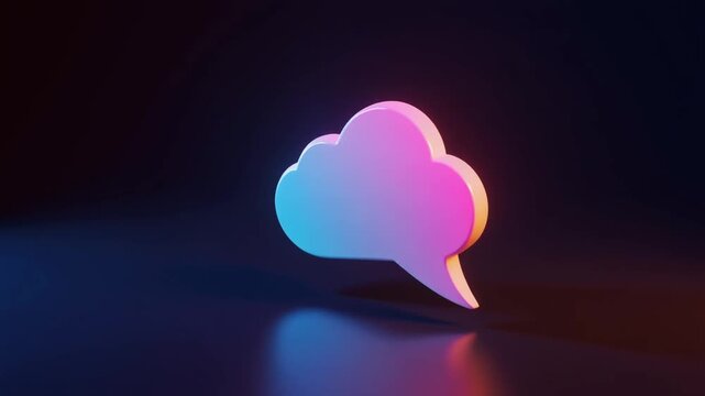 A vibrant, luminous cloud-shaped speech bubble, illuminated with a gradient of pink and blue neon light, set against a dark, reflective background, symbolizing communication and ideas