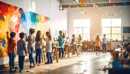 Fototapeta na wymiar Children engaged in a vibrant art class, painting a large mural together.