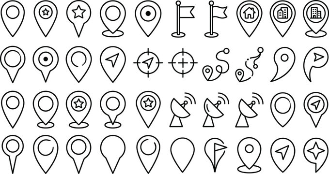 Map Pin Location Icon Set with Navigation Pointers Flags Star Markers and GPS Route Elements for Digital UI Design Layouts
