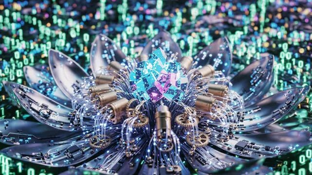 Futuristic Lotus Flower with Digital Code Background
