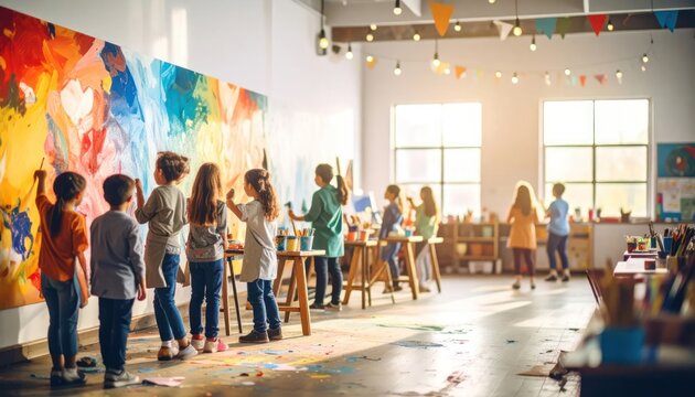 Children engaged in a vibrant art class, painting a large mural together.