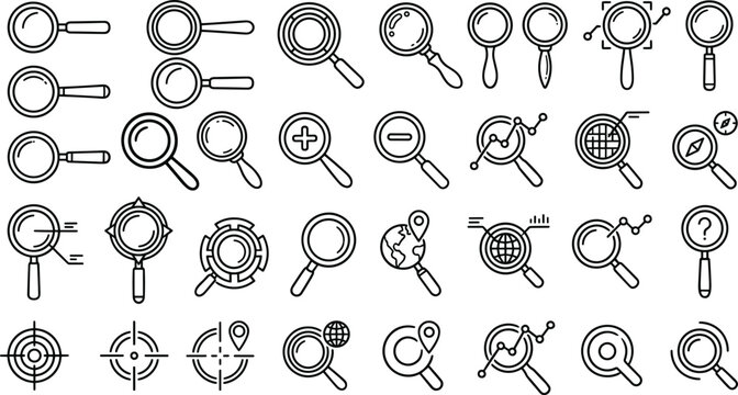 Magnifying glass line icon set with search zoom glass analysis target global map location compass and business data graphics vector illustration