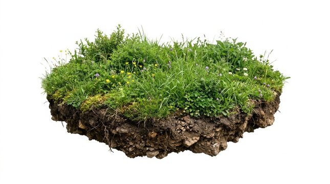 Green grass patch on soil ground isolated on white, organic earth cross section with wild weeds, natural garden turf piece for landscaping design