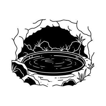 Natural Hot Spring Cave Pool Surrounded by Rocks and Plants
