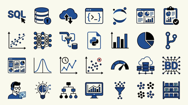 Cloud Computing Data Science and Coding Line Icons Set
