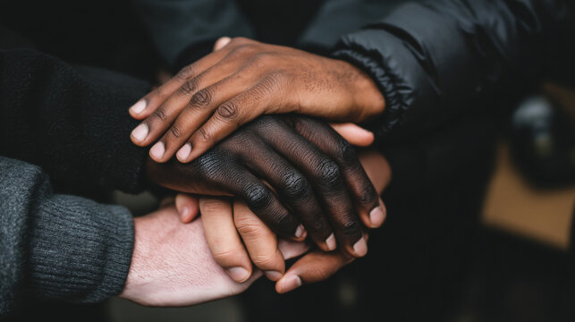 Stack of diverse hands joining together as a symbol of unity and solidarity with together, diversity