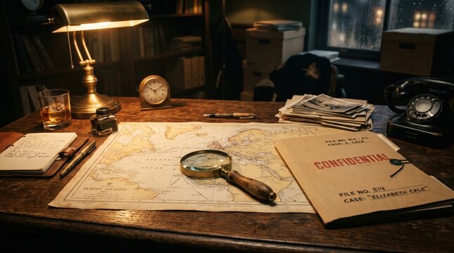 Magnifying glass and confidential file on world map spread across wooden desk in dimly lit office study with lamp and telephone