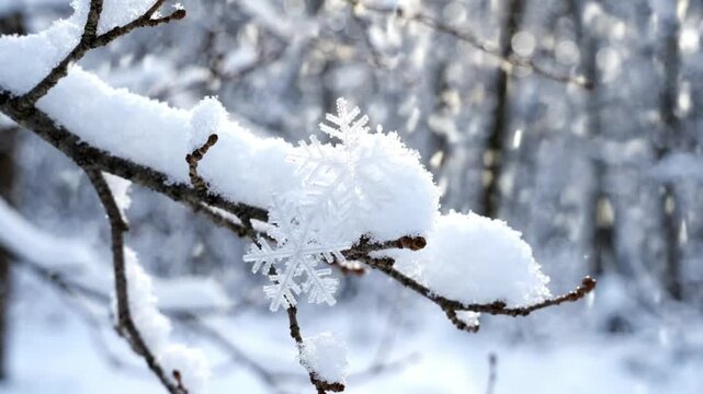 Snowflake on Snow-Covered Branch, Winter Frosty Nature Close-up, Bokeh Background