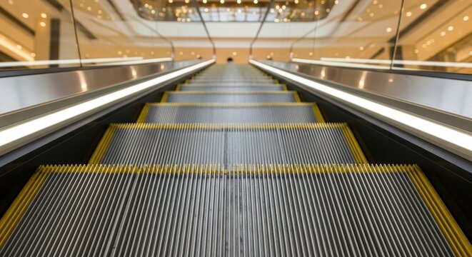 Escalator going up inside modern shopping mall with metallic steps and handrails