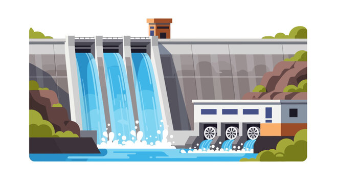 Illustrated depiction of a hydroelectric dam harnessing water energy for power generation