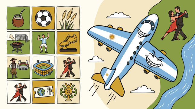 Argentina travel concept illustration with cartoon airplane, tango dancers, soccer icons, mate, gaucho, and asado barbecue in a naive hand-drawn vector style.